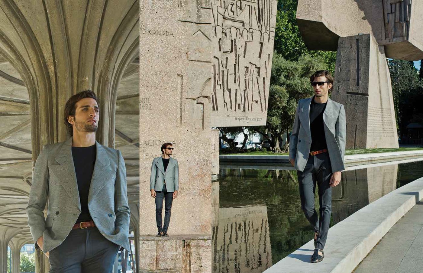 Double diplomatic wool blazer MANS, black cotton t-shirt COS, brown leather belt STEVE MONO, grey wool chinos MANS, dark blue sandals STEVE MONO