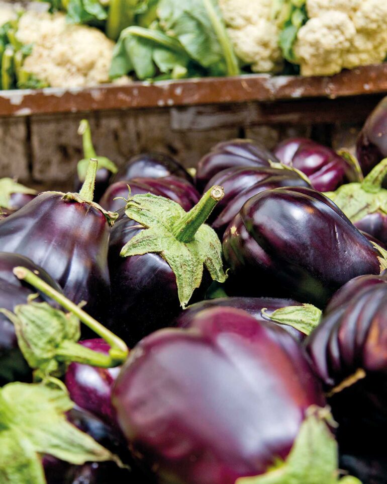 Aubergines ready for cooking in Tel Aviv, Israel