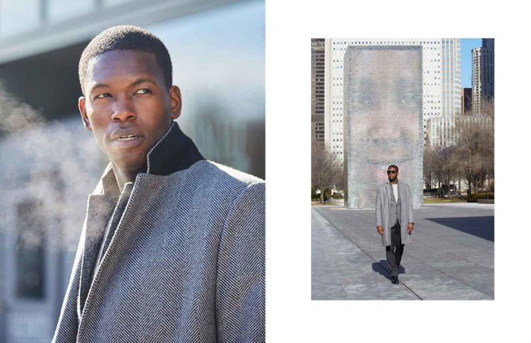 Blazer and trousers, Oliver & Rowan Bespoke; sweater, STOCK MFG; shoes, OAK STREET BOOTMAKERS; overcoat, Theory; sunglasses, Tom Ford