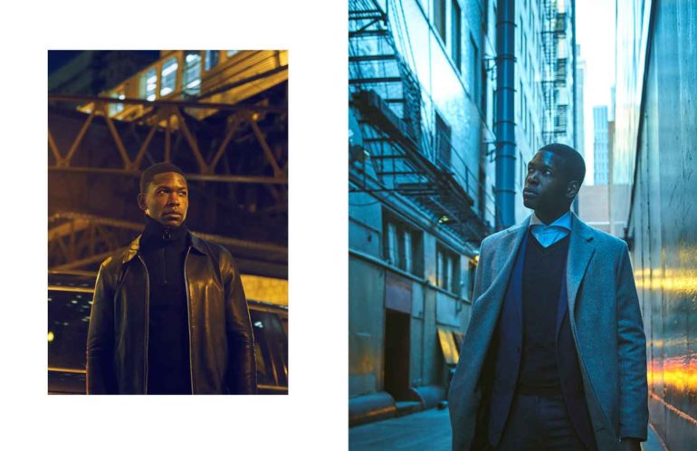 Leather jacket, THE ALLEY CHICAGO; zip-up sweater, TRUMAKER. Blazer, Oliver & Rowan Bespoke; sweater, ZEGLIO; button-up shirt, GLASS HOUSE SHIRTMAKERS; overcoat, Theory