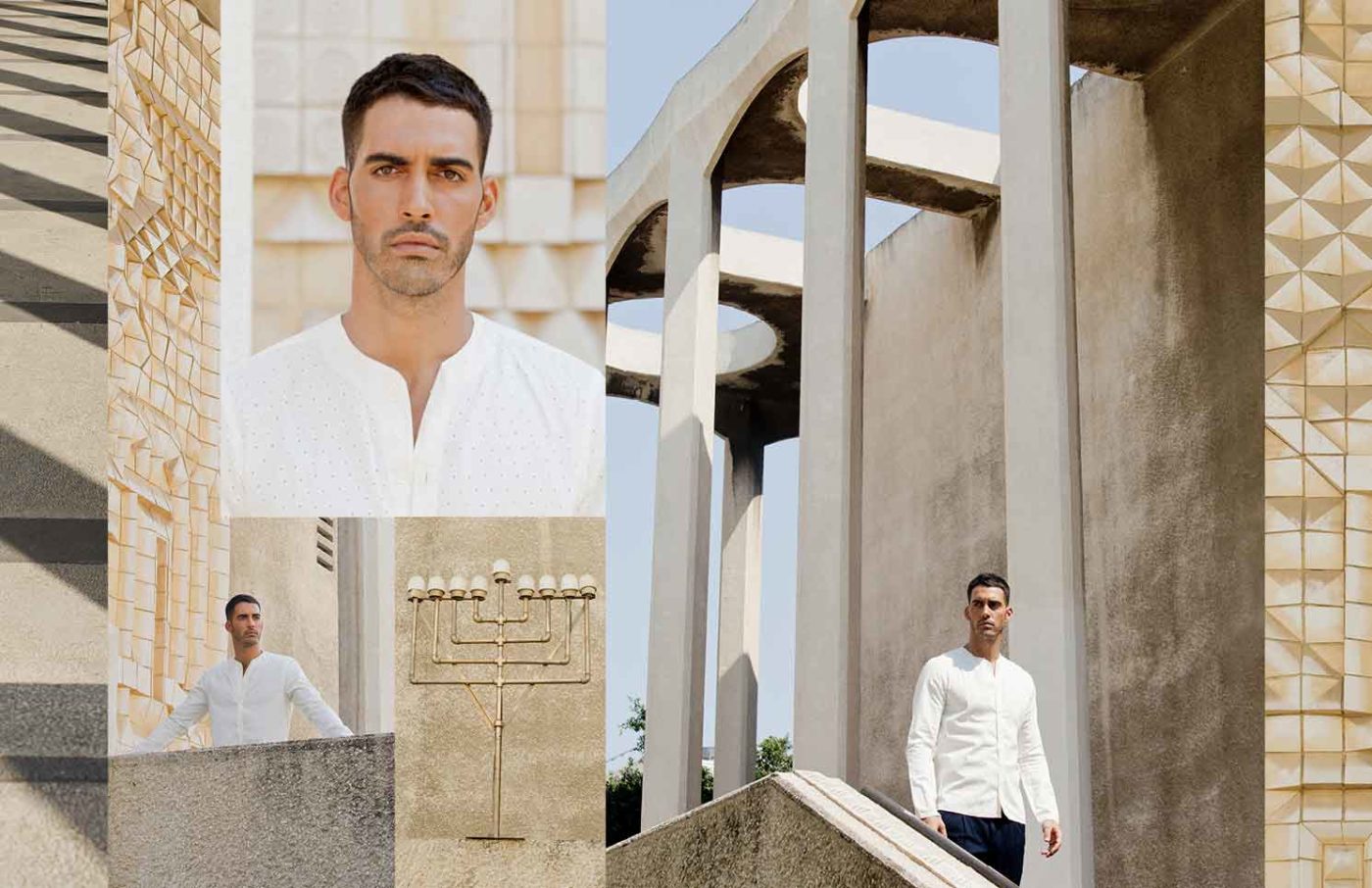 Slim-fit embroidered cream shirt, SKETCH by YOSSI KATZAV; cotton trousers, MANGO