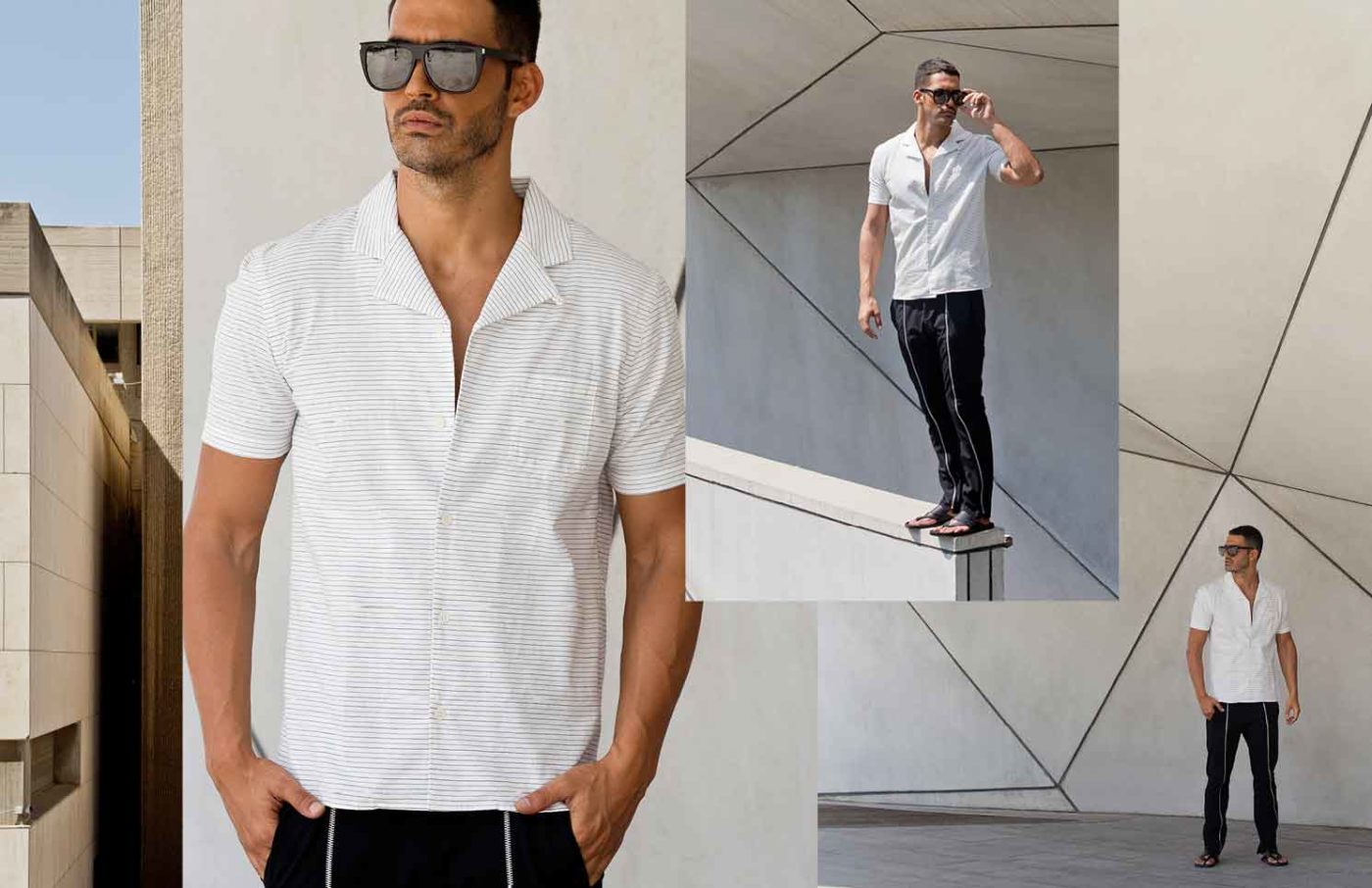 Striped white cotton short sleeved shirt, SKETCH by YOSSI KATZAV; black cotton trousers with zip detail, NOUVEAU RICHE DOG; sandals, ARMANI; sunglasses, YSL;