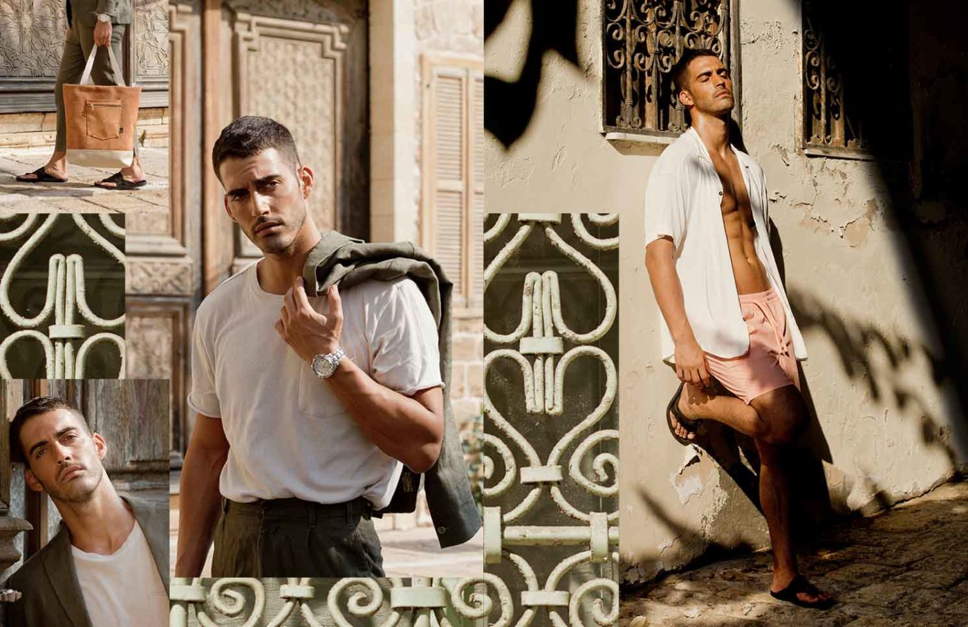 Khaki linen suit, ARIEL BASSAN; woven cotton cream t-shirt, BANKUSSI; rust and cream bag, NOUVEAU RICHE DOG; watch, KARL LAGERFELD; sandals, ARMANI. Casual fit cream shirt, MIRZA by NAOR AHARON; pink swimshorts, TADDEO