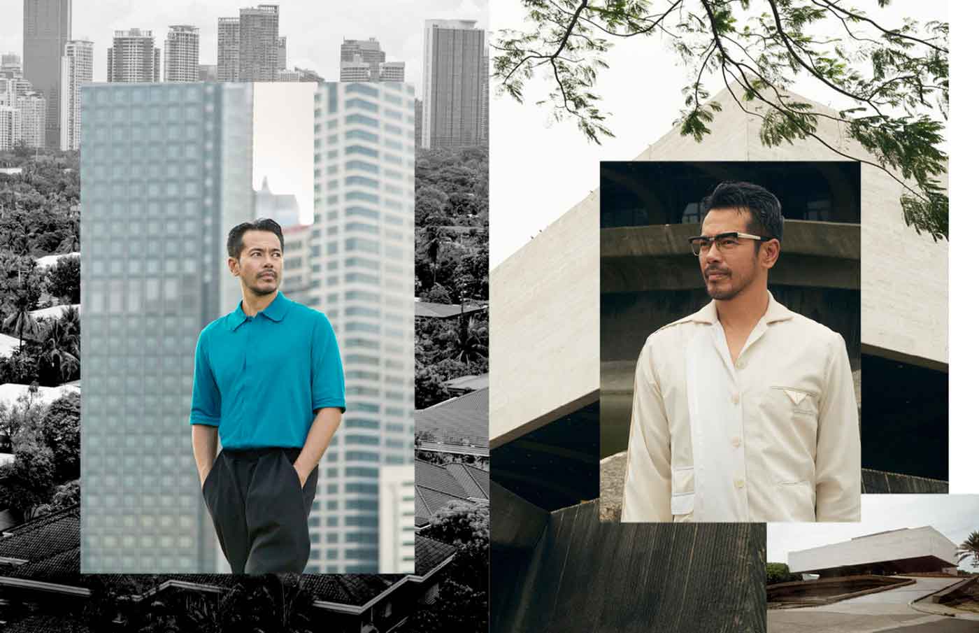 Teal boxy shirt, PAUL SMITH, black pants, RHETT EALA. Opposite page: Off-white sports jacket, JOEY SAMSON, vintage reading glasses, KAMUNING STREET thrift shops
