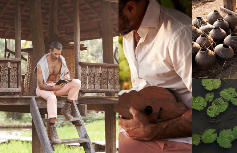 Linen trousers HUGO BOSS, pullover DUNHILL, pen DUNHILL, suede wingtip boots TOD’S, socks HUGO BOSS