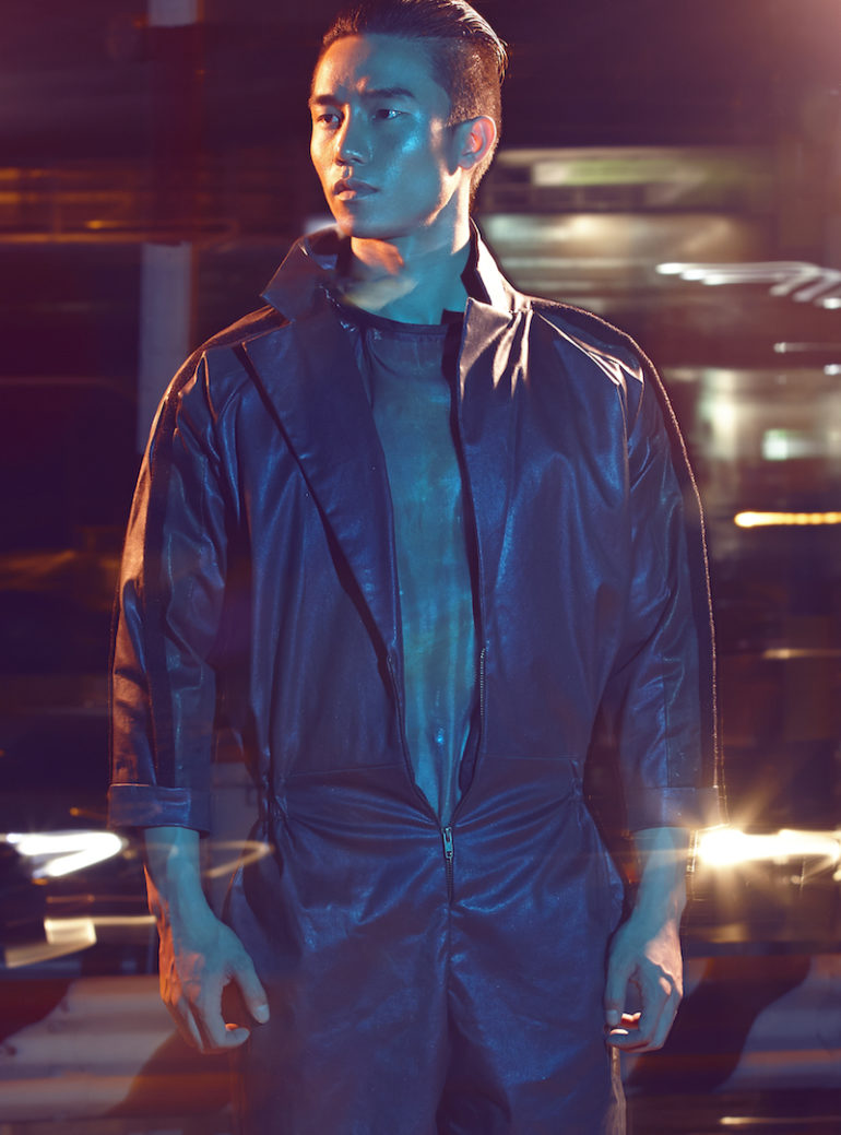 Jacket with wool detail sleeves and cotton crepe shirt PIPHU THANATWASUKUL