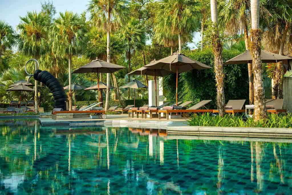 Tropical outdoor pool space with sun loungers