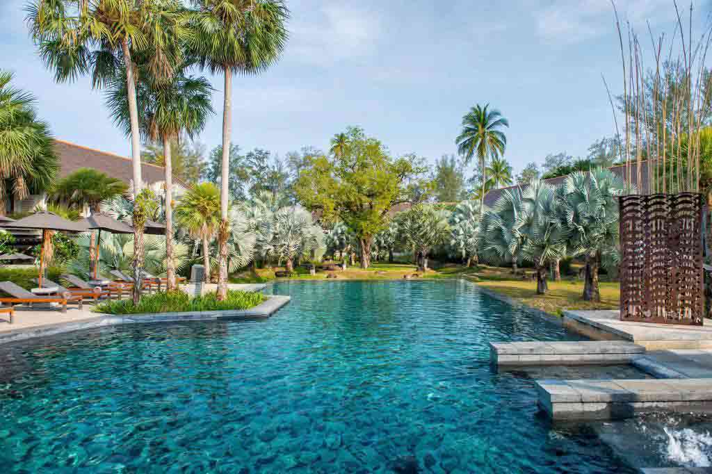Tropical outdoor pool space with sun loungers and palm trees
