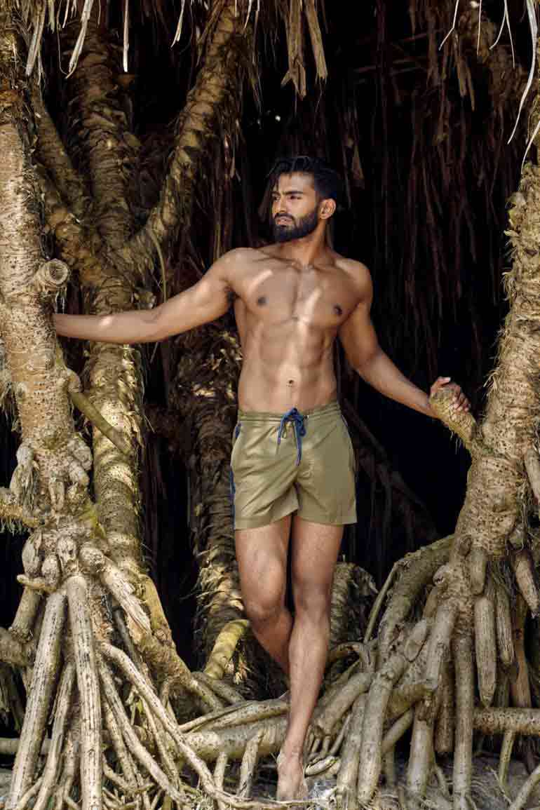 Model Tymeron Huban Carvalho in Sri Lanka, wearing Orlebar Brown
