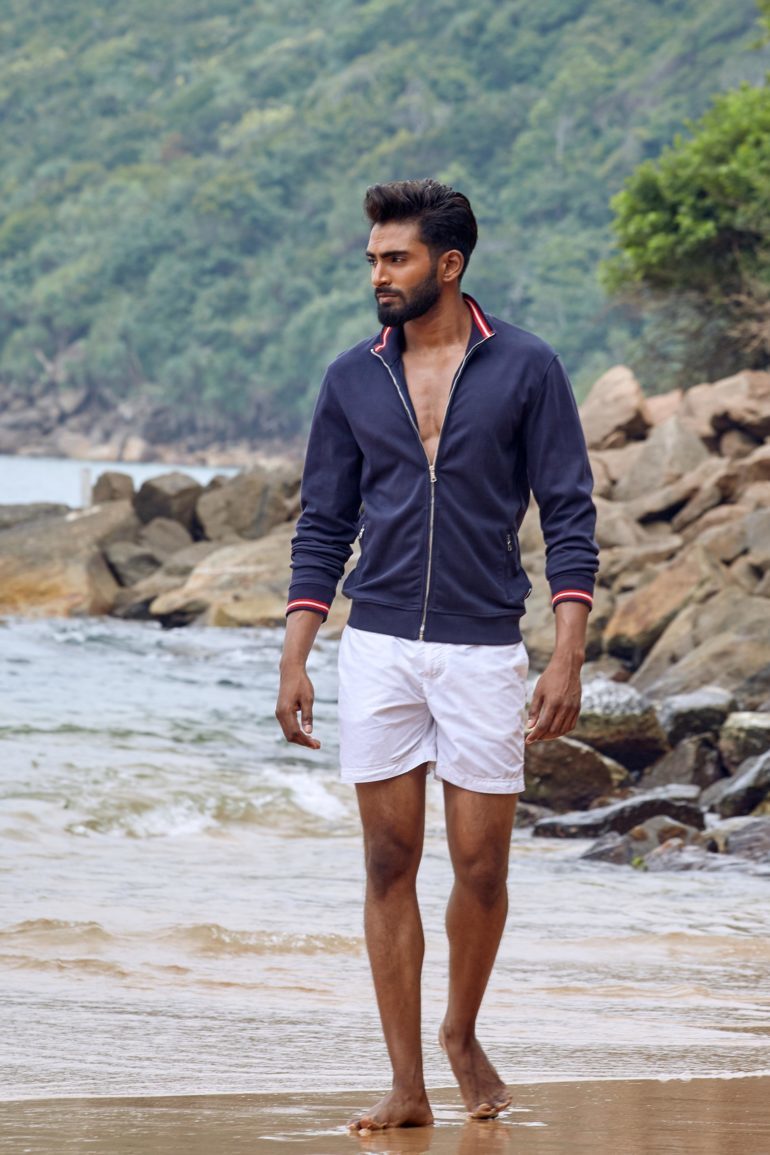 Model Tymeron Huban Carvalho in Sri Lanka, wearing Orlebar Brown