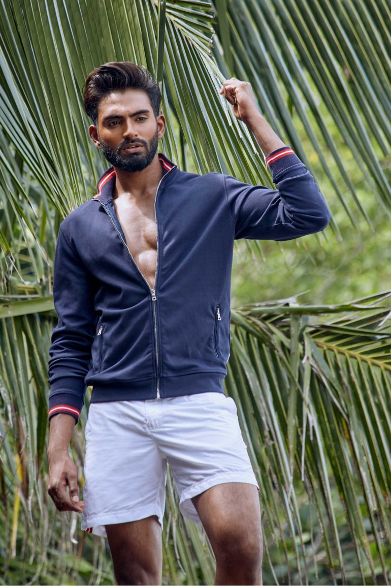 Model Tymeron Huban Carvalho in Sri Lanka, wearing Orlebar Brown
