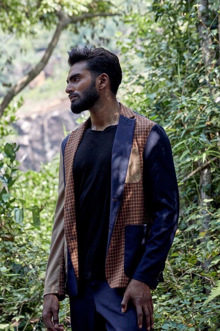 Model Tymeron Huban Carvalho in Sri Lanka, wearing Barena Venezia