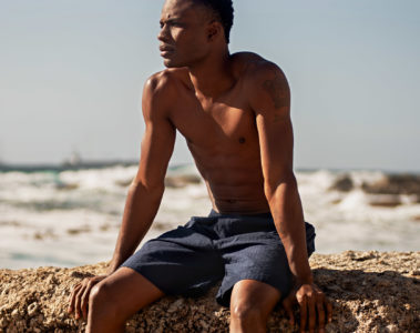 Navy seersucker PJ shorts by Brooks Brothers, shot in Bantry Bay, Cape Town, South Africa