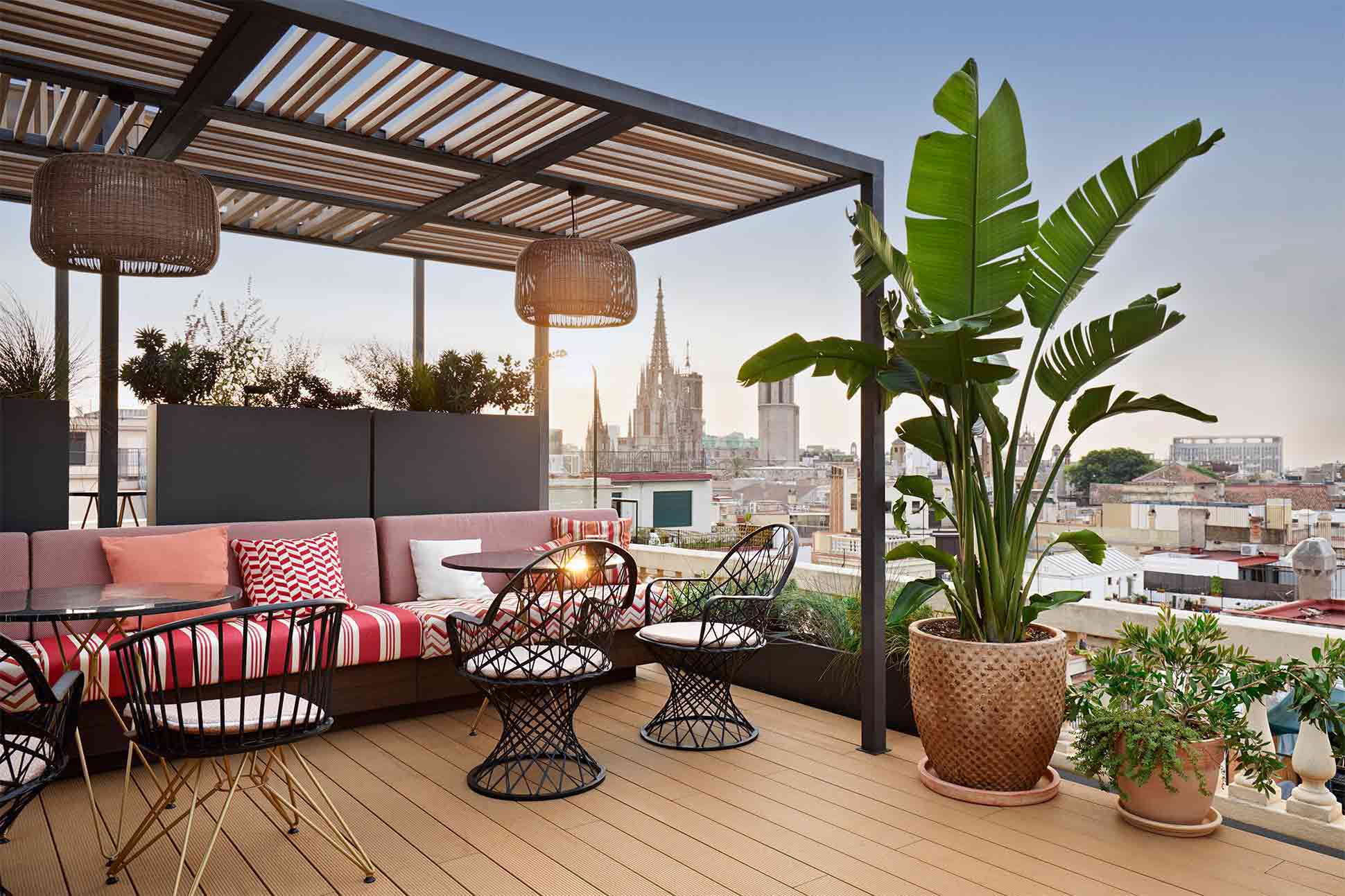 The rooftop terrace restaurant at the Kimpton Vividora Hotel, Barcelona, Spain