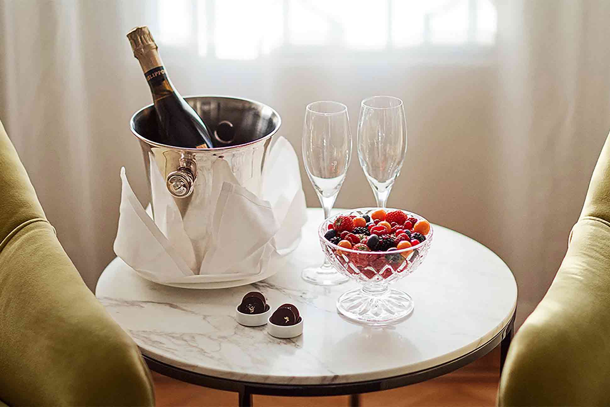 The Indulgence Gold Package at the Diplomat Hotel in Stockholm, Sweden, is a romantic treat.