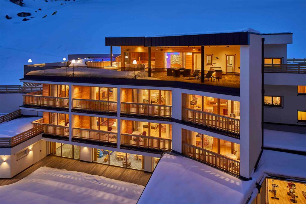 Exterior of Hotel Sassongher, Alta Badia, Italy, at night