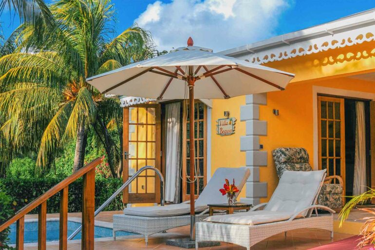 Poolside loungers at Bequia Beach Hotel, Belmont, Bequia, Saint Vincent and the Grenadines