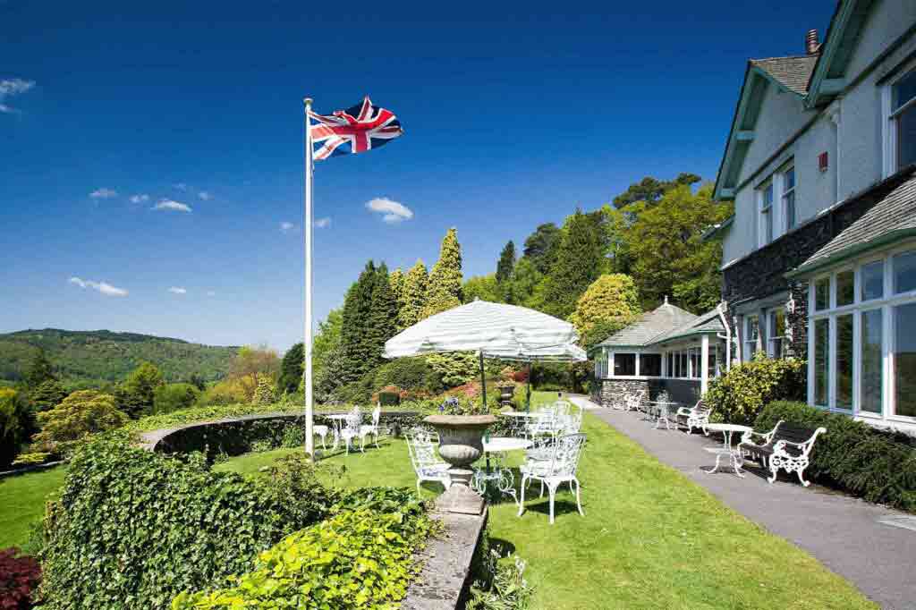 Union Jack flagpole at Lindeth Fell Country House, Windermere, United Kingdom