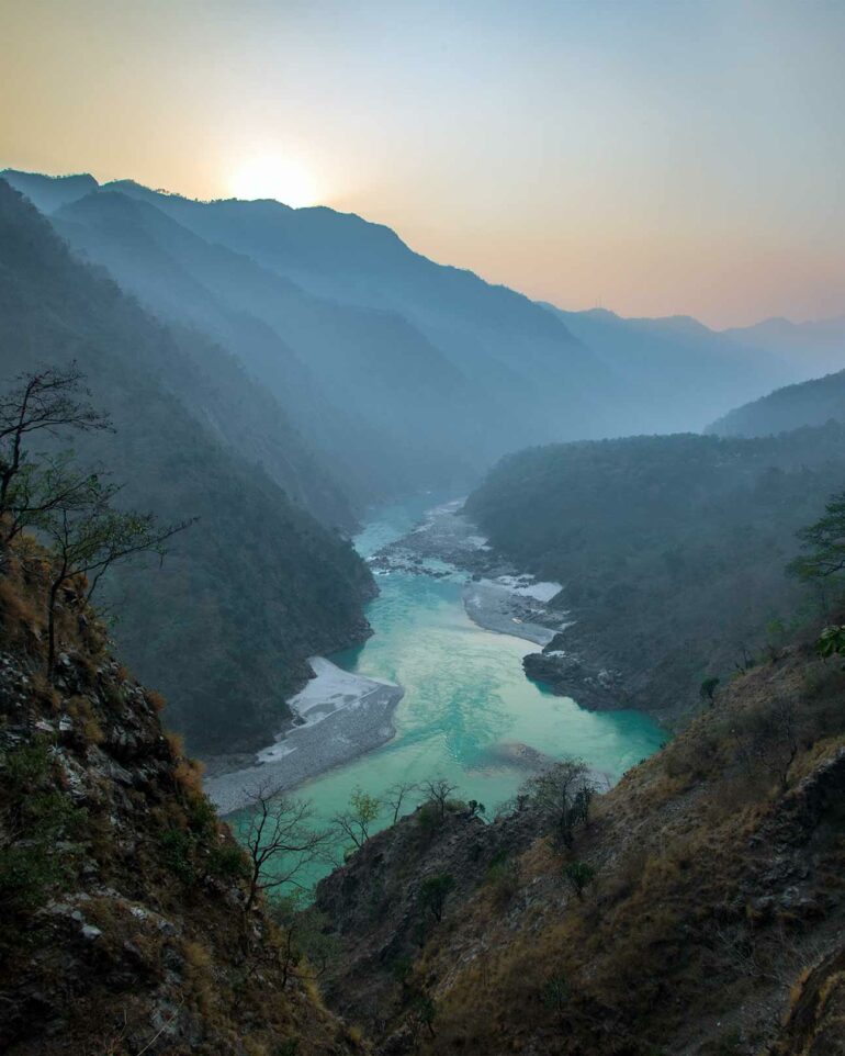 View over the Ganges River in a valley near Rishikesh, India