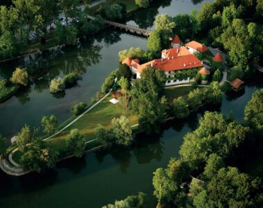 Aerial view of The Grad Otočec, Otočec, Slovenia