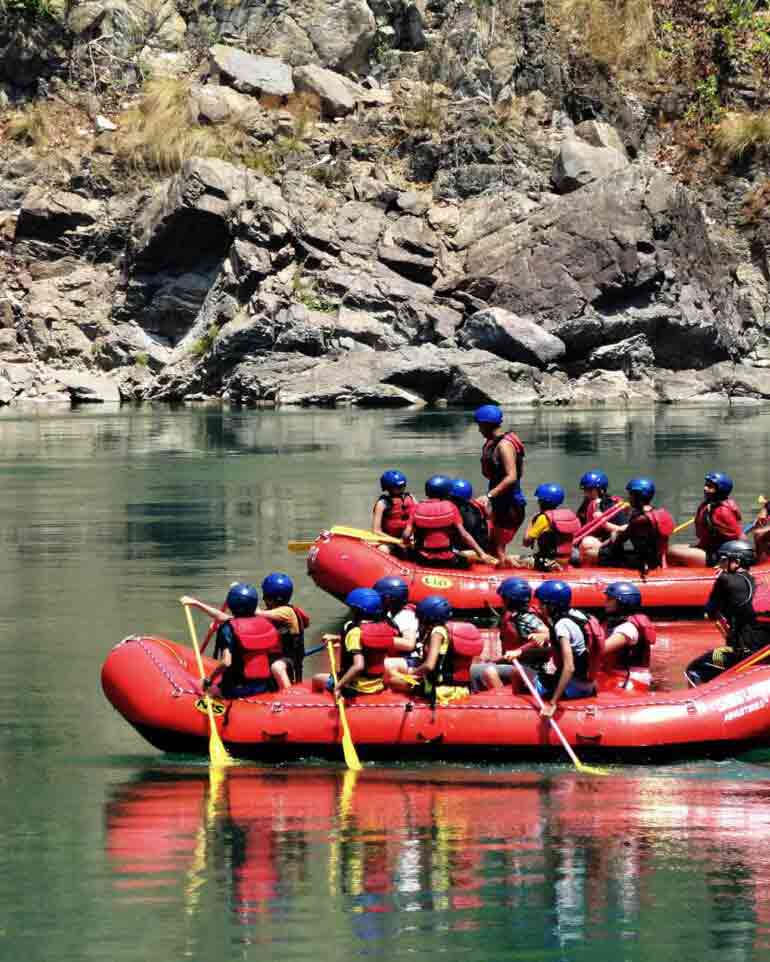 Rubber rafts on the Ganges River in Rishikesh, India