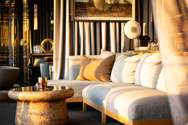 Seating area at Singita Lebombo Lodge, Kruger, South Africa