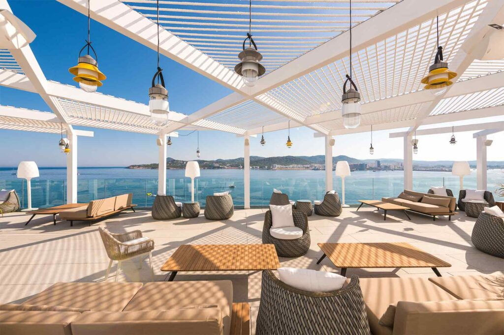 Outside seating area at Amàre Beach Hotel, Ibiza, Spain