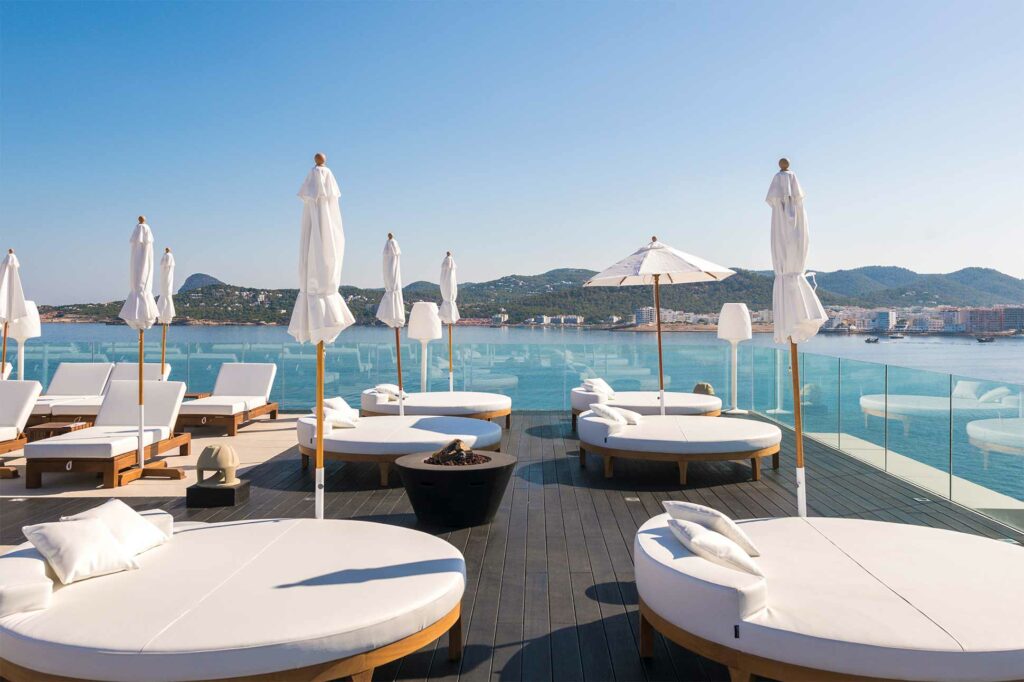 Sunbathing beds at Amàre Beach Hotel, Ibiza, Spain