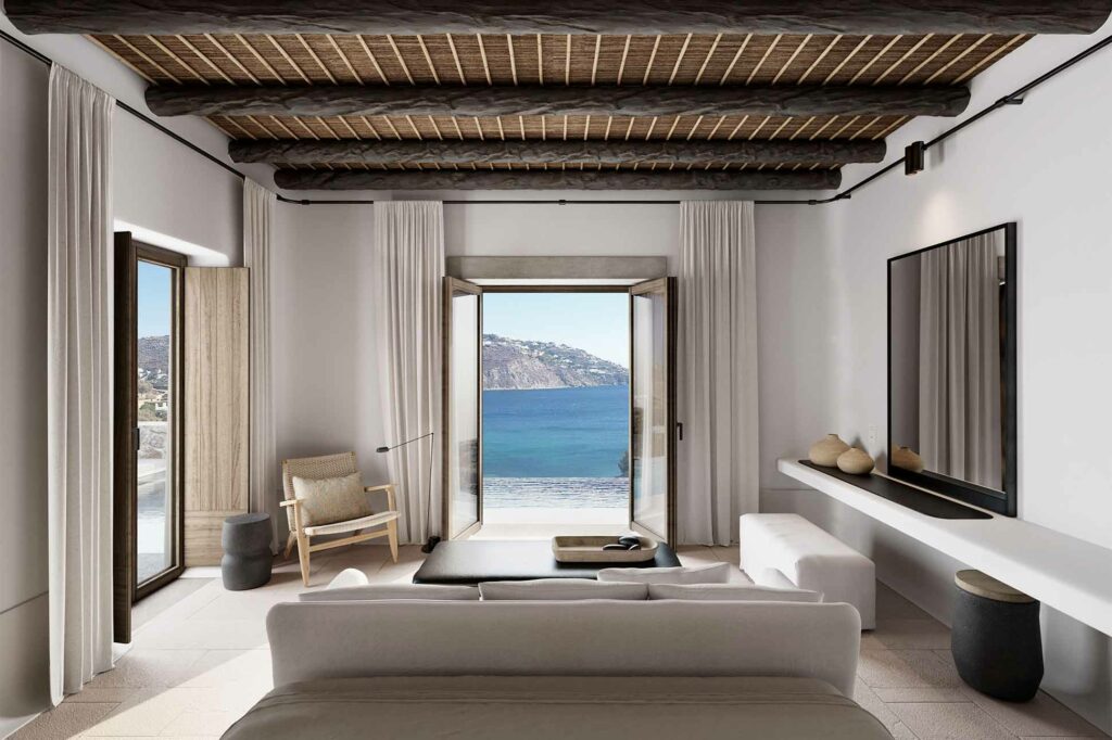 Bedroom with a view at Kalesma, Mykonos, Greece