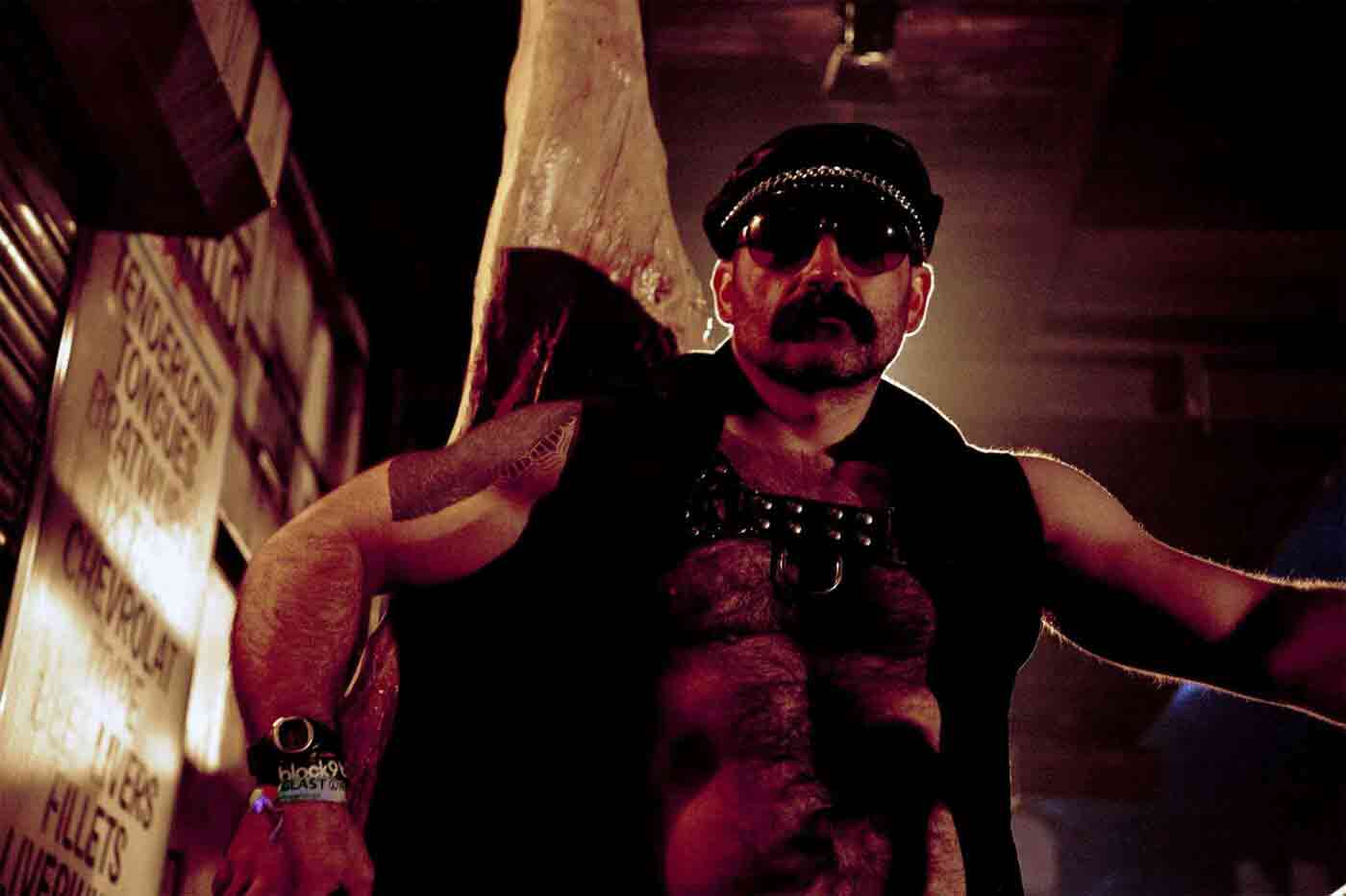 A leather-clad festival-goer at Glastonbury Festival, Pilton, Somerset, United Kingdom
