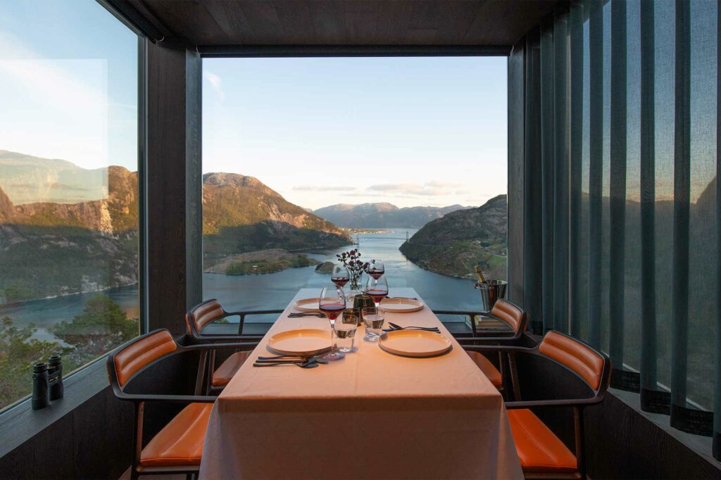 Dinner views at The Bolder Sky Lodges, Forsand, Norway