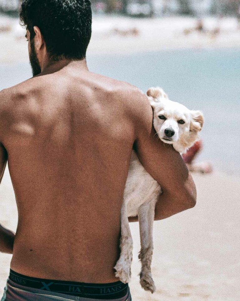Dog and owner on the beach in Tel Aviv, Israel