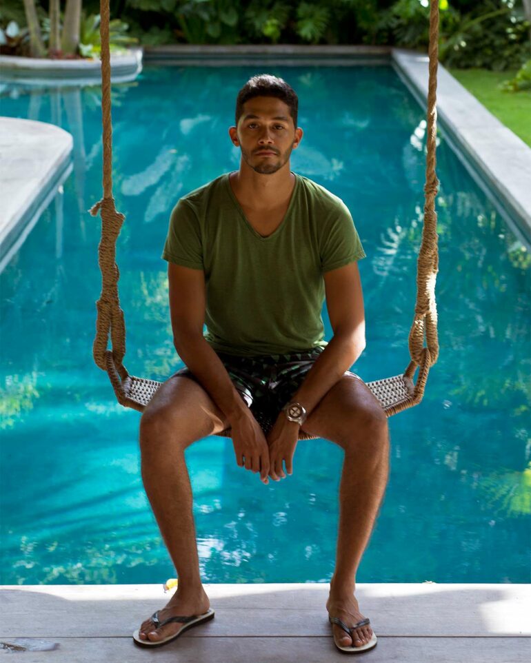 Model on a swing at Uxua Casa Hotel, Trancoso, Brazil