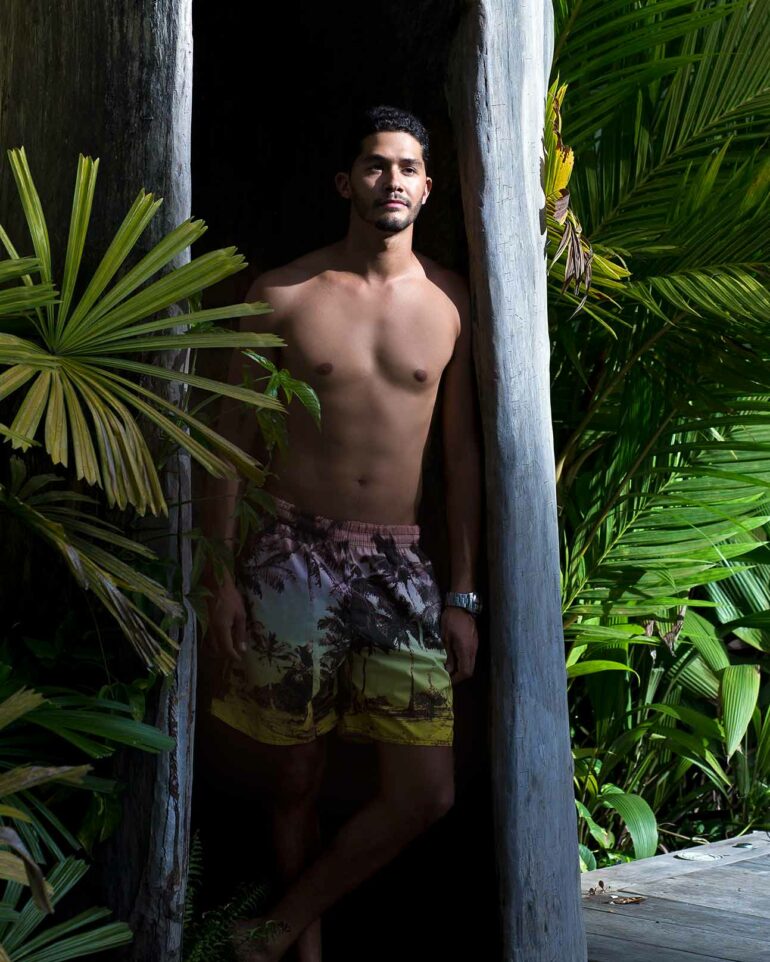 Model wears swimwear at Uxua Casa Hotel, Trancoso, Brazil