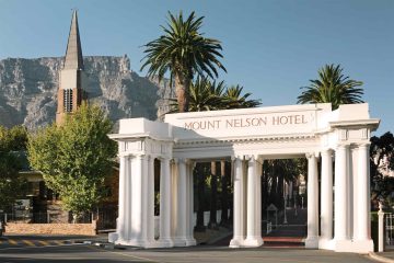 The colonnaded gate to the Mount Nelson, A Belmond Hotel, Cape Town, South Africa