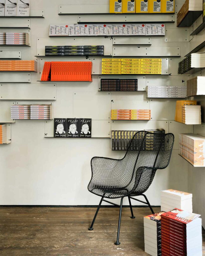 Reading corner at Aesop queer library, London, United Kingdom