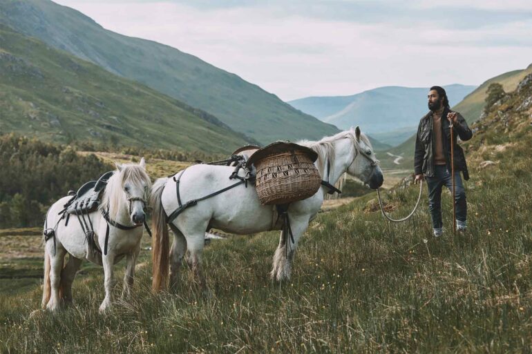 Model with horses in Glen Artney, Scotland