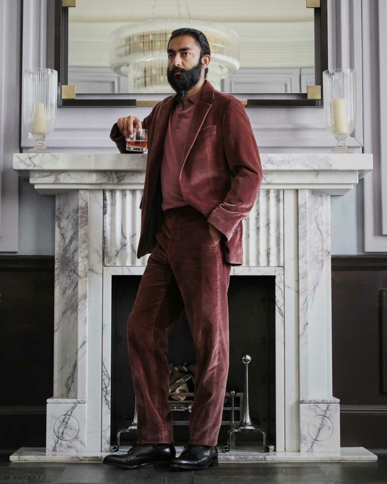 Model in suit at Gleneagles Hotel near Glen Artney, Scotland