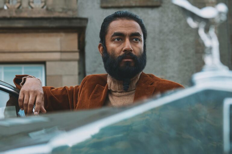 Model with Rolls Royce at Gleneagles Hotel near Glen Artney, Scotland