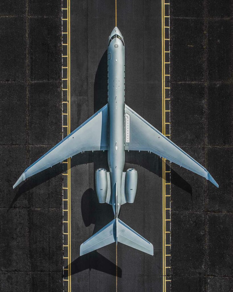 Aerial of a VistaJet Bombardier Global 7500 on a landing strip