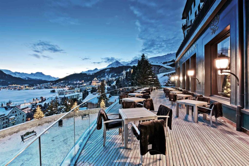 The terrace at the Carlton Hotel St Moritz, St Moritz, Switzerland