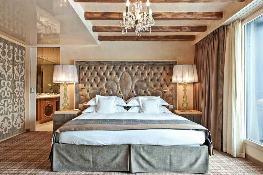 A Penthouse bedroom at the Carlton Hotel St Moritz, St Moritz, Switzerland