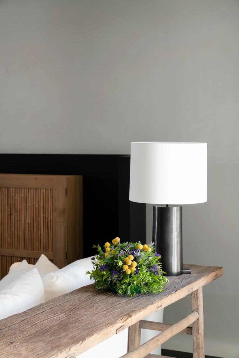 Lampshade and flowers at Kalesma, Mykonos, Greece