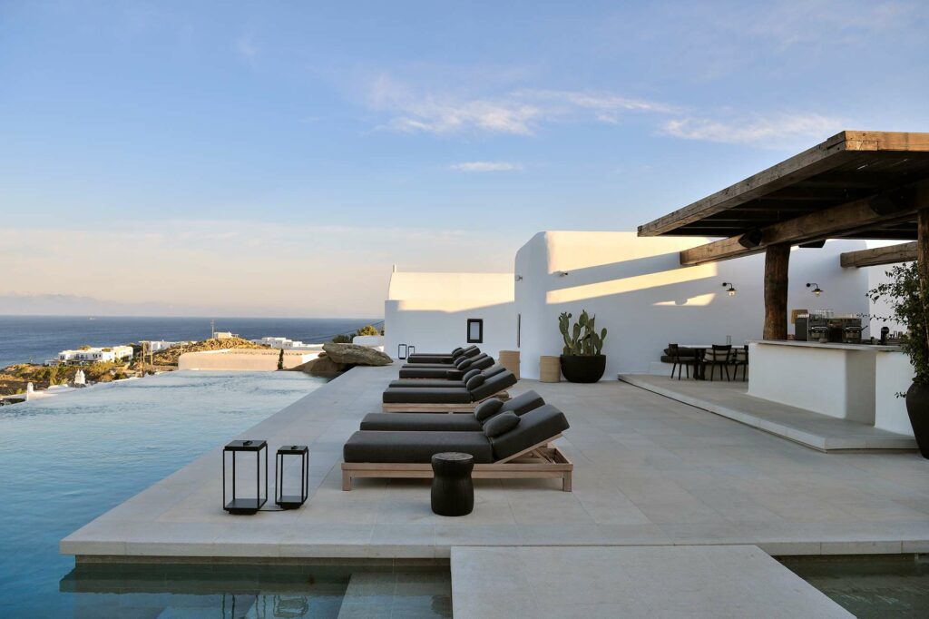 View over the pool at Kalesma, Mykonos, Greece