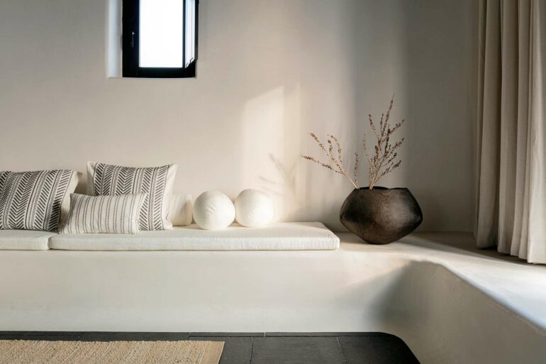 Earthy colours dominate the interiors of Kalesma, Mykonos, Greece