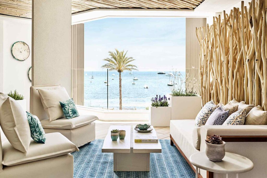 Lounge area in a suite at the Nobu Hotel Ibiza Bay, Ibiza, Spain