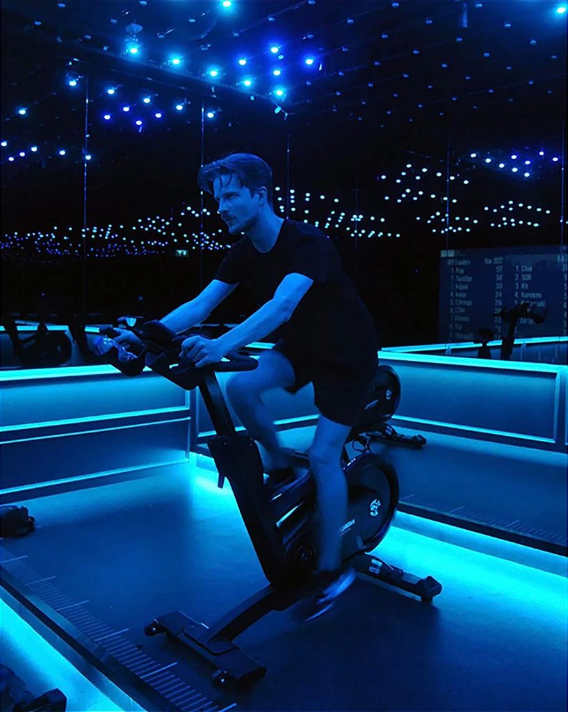 Steffen Michels doing a virtual cycle class at Sindhorn Wellness by Resense at the Sindhorn Kempinski Hotel Bangkok, Thailand