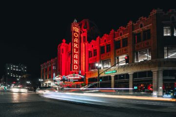 Fox theatre lit up by red lights, Oakland, California, USA