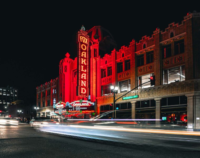Fox theatre lit up by red lights, Oakland, California, USA