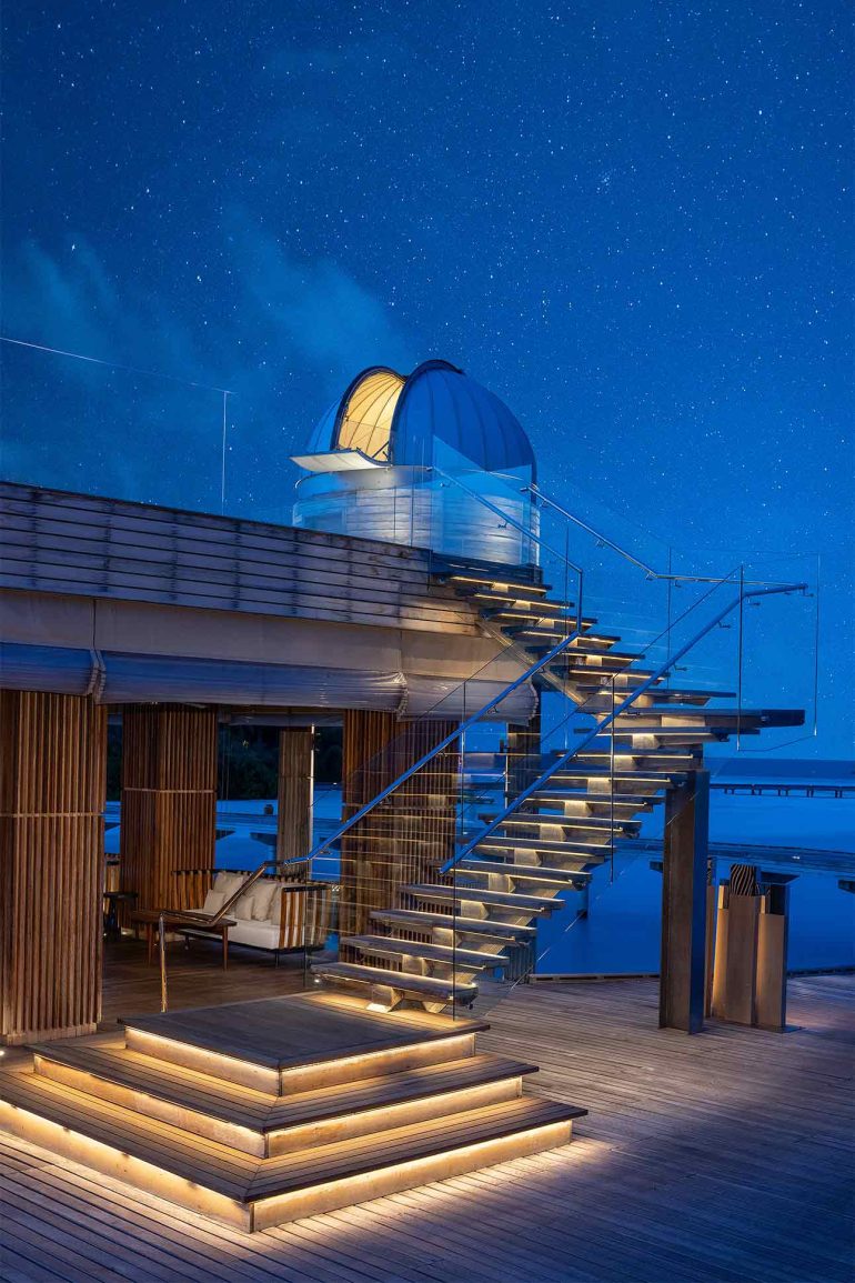 Stairs leading up to the overwater observatory at Anantara Kihava Maldives Villas, The Maldives